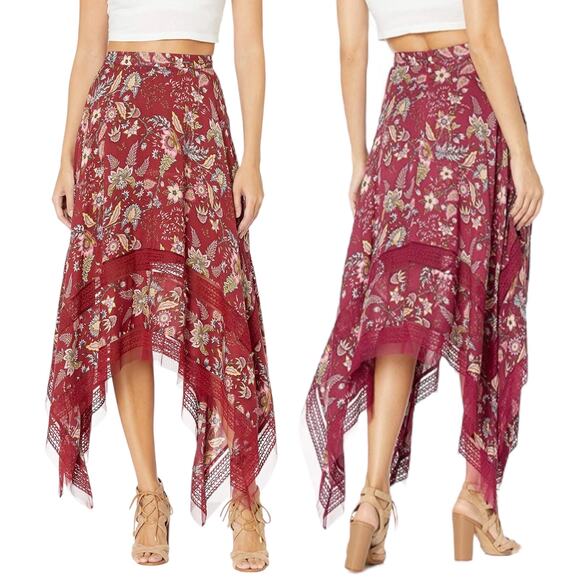 BCBGMaxAzria Floral Print Toile Handkerchief Midi Skirt Red Size XS - Picture 1 of 11